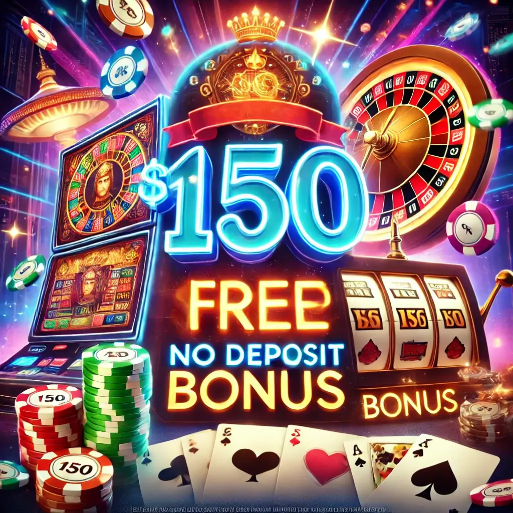 DALL·E 2024 09 05 20.17.05 A dynamic online casino scene with glowing slot machines stacks of poker chips and playing cards surrounding a large illuminated number 150 in th 