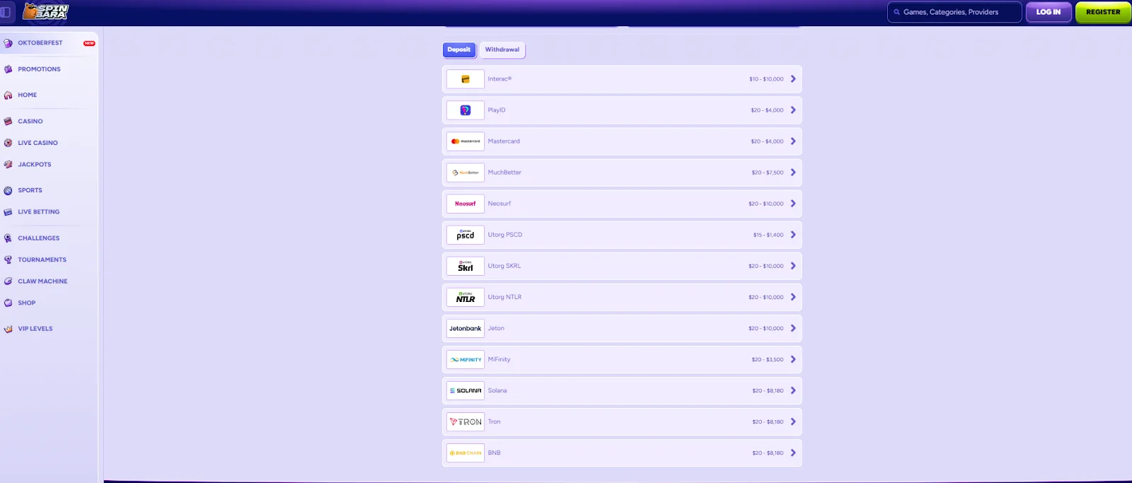 Spinbara Casino Deposit Methods